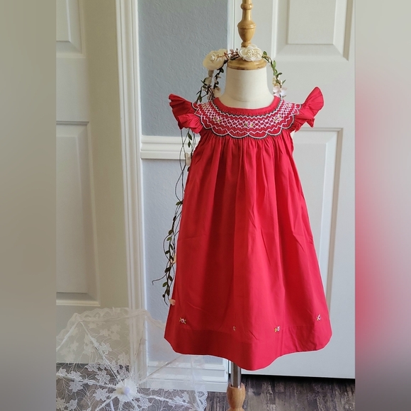 Red Bishop Angel Sleeves Baby Girl Dress. Girls Smocked Bishop Birthday Dress - Picture 3 of 9